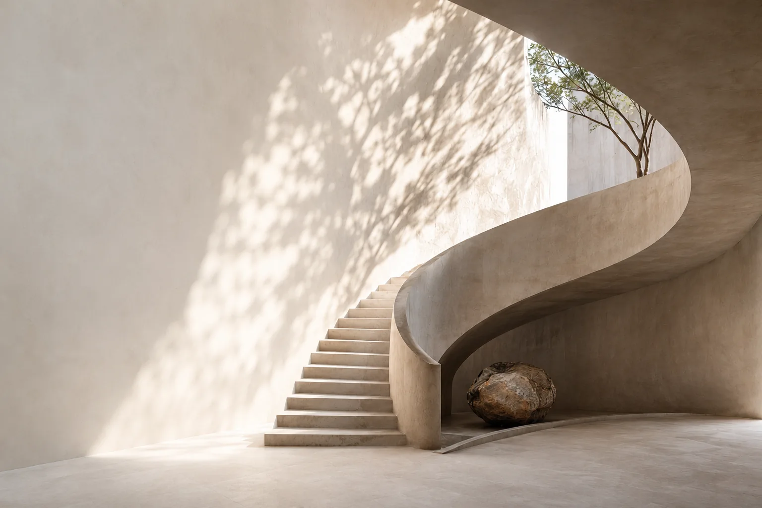 A curved plaster stair rising toward a courtyard opening, dappled tree shadow falling across the wall